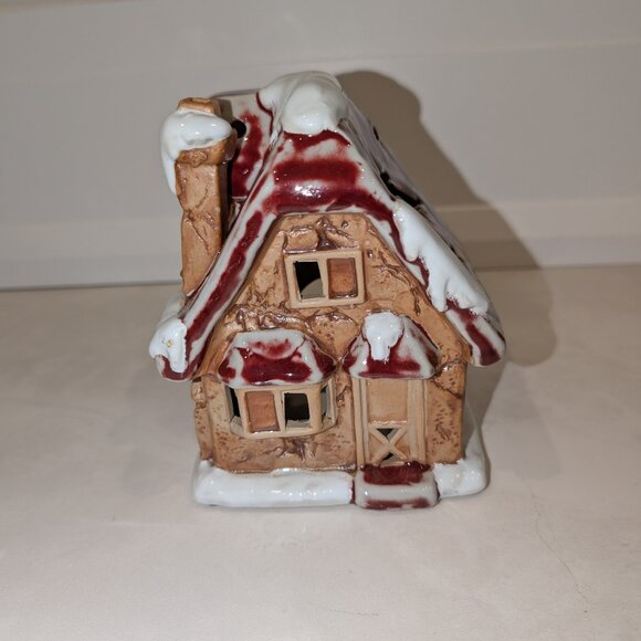 Rustic Christmas Winter Holiday House Cottage – Tealight-Lit Porcelain Decor - Picture 1 of 8